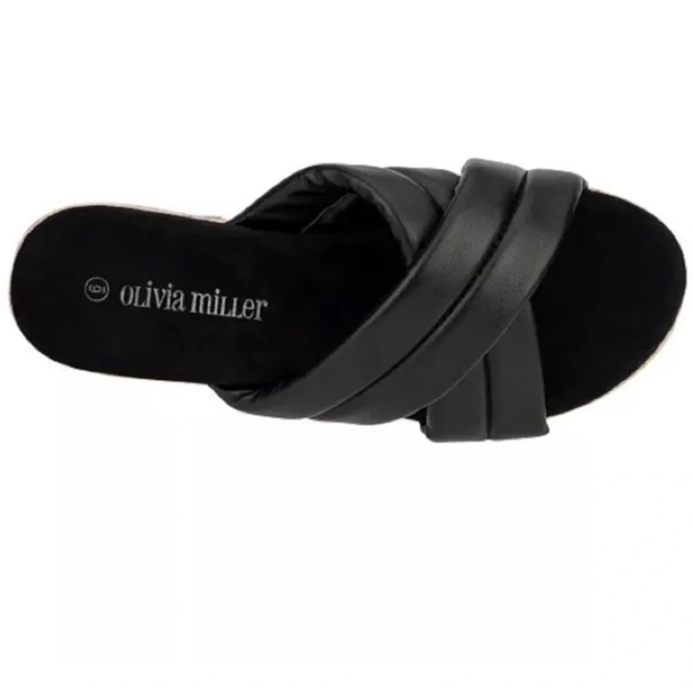 Olivia Miller Women's Black Faux Leather River Platform Slides Sandals